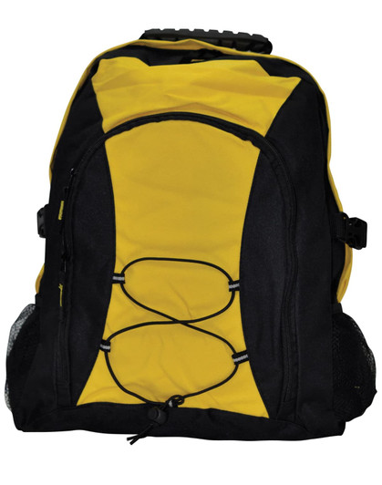 A black and yellow backpack featuring a logo, with adjustable straps and side mesh pockets.
