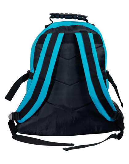 A black and teal backpack featuring adjustable straps and a top handle, with a logo on the back.