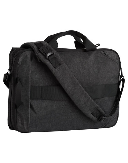 A grey laptop bag with a sturdy handle and adjustable shoulder strap, featuring a logo.