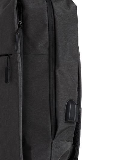 A grey backpack with a sleek design and zippers, featuring a small logo on the side.