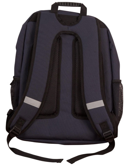 A navy backpack featuring padded adjustable straps, mesh side pockets, and a top handle. It includes branding on the surface.