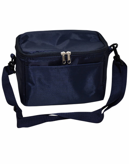 A dark navy 6 can cooler bag with a zippered closure and adjustable shoulder strap. It features a front pocket and has a logo.