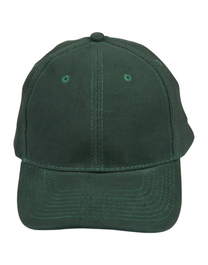 A green heavy brushed cotton cap with a stitched visor and ventilation eyelets, featuring a logo.