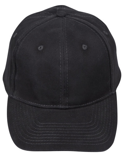 A black heavy brushed cotton cap with a curved brim and six-panel construction. It features a logo on the front.