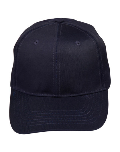 A navy blue polycotton twill cap with a structured design and a logo on the front.