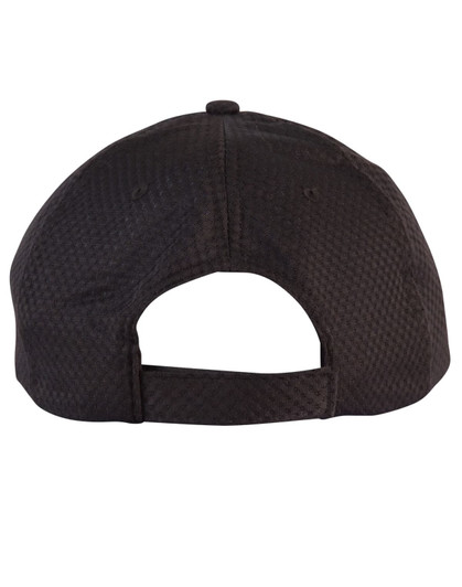 A black athletic mesh cap featuring a rear adjustable strap and a logo on the back.