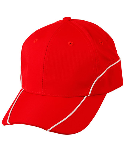 A vibrant red cap featuring contrast piping and ventilation holes, with a branded logo.