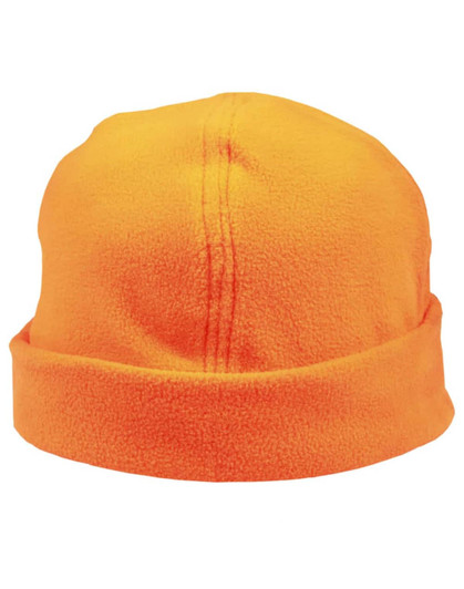An orange polar fleece beanie with a folded hem, featuring a logo on the side.