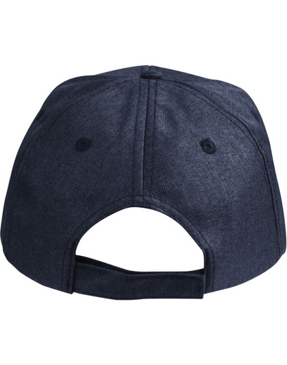 A dark navy cap with a curved peak, revealing an adjustable strap at the back and ventilation holes.