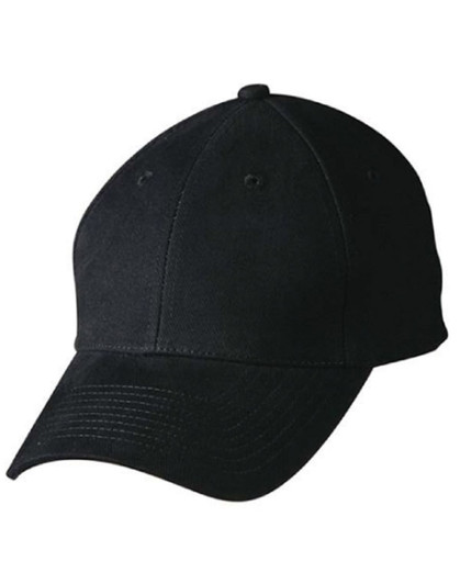 A black heavy brushed cotton cap with a buckle, featuring a curved brim and stitching details. It has a logo.