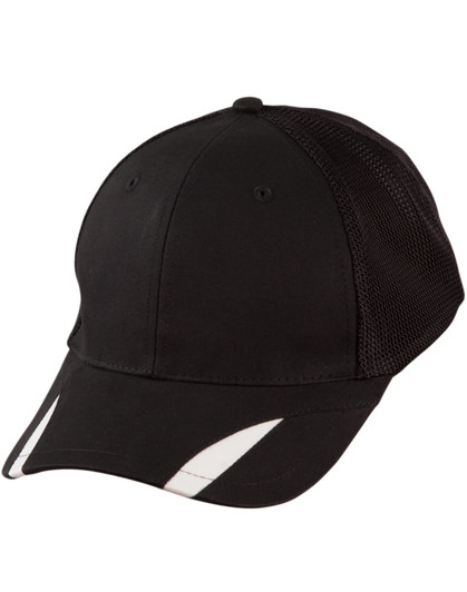 A black cap with a mesh back and white trim detailing, featuring a logo branding.