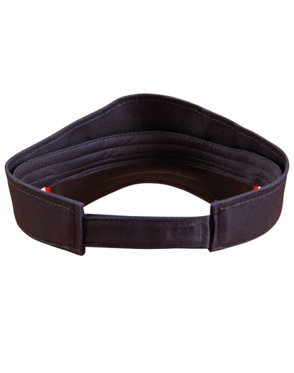 A black sandwich visor with a wide brim and adjustable strap at the back, featuring a logo.
