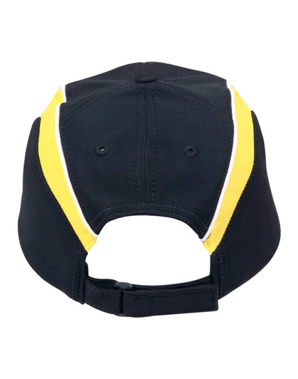 A black cap with yellow and white accents on the back and an adjustable strap. It features a logo.