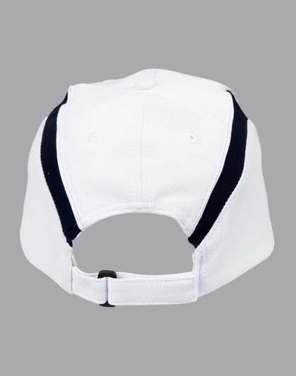 A white cap with navy accents at the back, featuring an adjustable strap and branding.