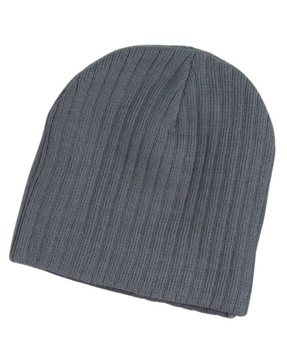 A cable knit beanie in a dark grey colour, featuring a ribbed texture and a simple design.