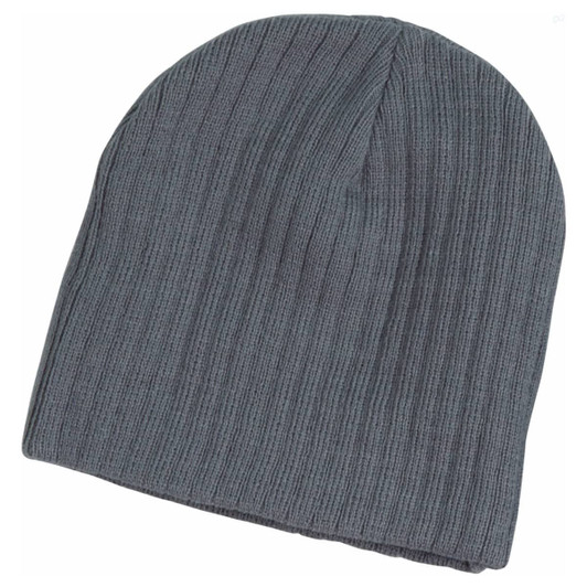 A cable knit beanie in a dark grey colour, featuring a ribbed texture and a logo on the side.