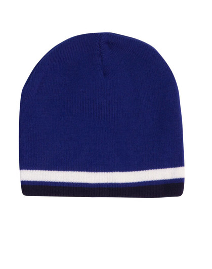 A beanie featuring a dark blue body with contrasting white and navy stripes at the bottom. It has a logo.