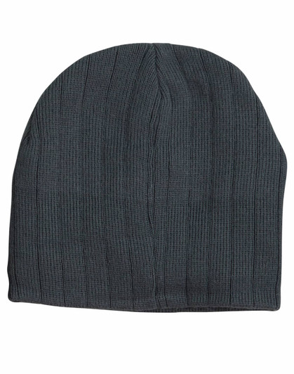 A dark grey cable knit beanie featuring a fleece headband, showcasing a textured ribbed design and a logo.