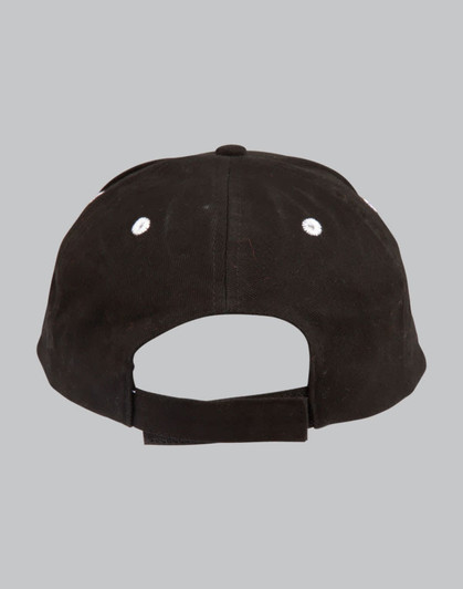 A black structured cap featuring contrast stitching and a back adjustment strap. It has ventilation holes.