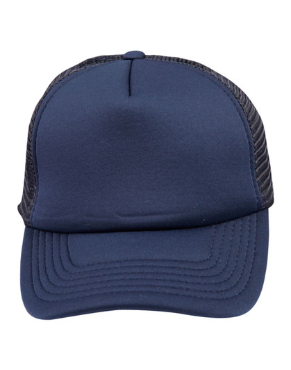 A navy trucker cap featuring a solid front panel and mesh back. Includes a logo on the front.