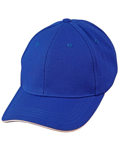 A blue Pique Mesh with Contrast Sandwich Cap featuring a structured design and a logo.