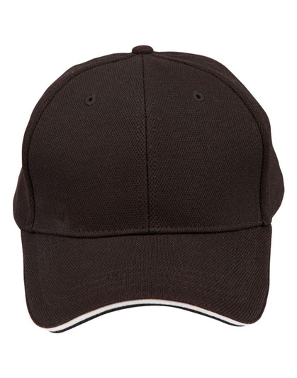A black cap with a contrast sandwich trim and ventilation holes. It has a logo on the front.