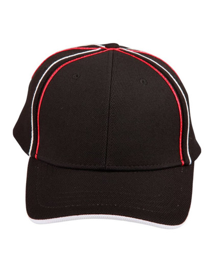 A structured cap in black with red and white piping details and a logo on the front.