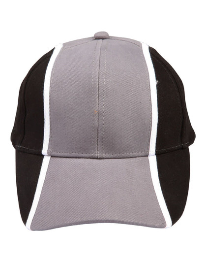 A tri-colour baseball cap featuring grey, black, and white panels, with a logo on the front.