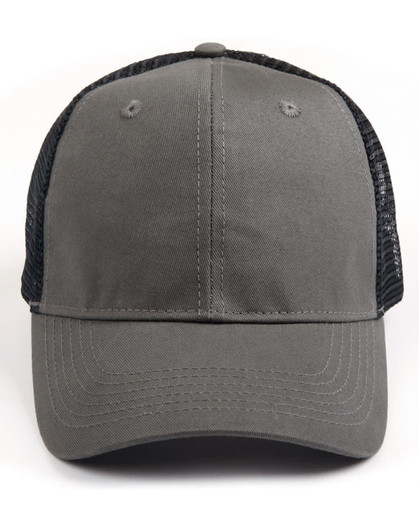 A premium cotton twill trucker cap in grey with a black mesh rear and a logo on the front.