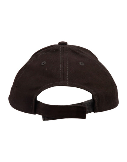 A kids’ brushed cotton cap in dark brown with a rear adjustable strap and ventilation holes. Features a logo.