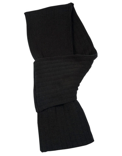 A black cable knit scarf made of acrylic, featuring a ribbed design. It has a logo but no visible branding.