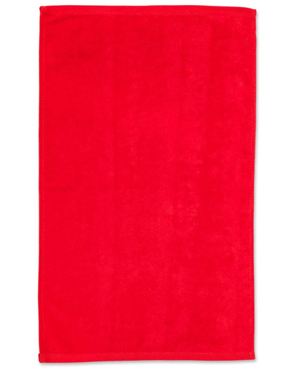 A red golf towel measuring 38 x 65 cm, with a plain design and a logo at one corner.