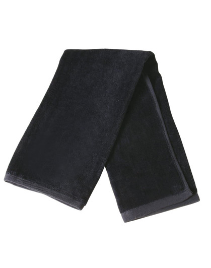 A black golf towel measuring 38 x 65 cm, with a soft texture and a folded design. It features a logo.