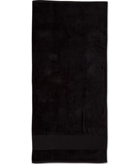 A black terry velour beach towel measuring 75x150 cm, featuring a simple design and a logo.