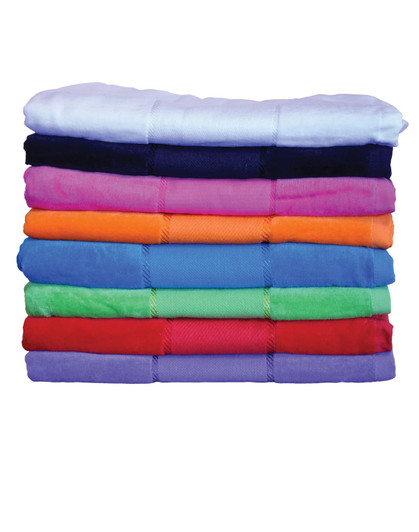A stack of terry velour beach towels in various vibrant colours, featuring a range of shades from white to dark blue.