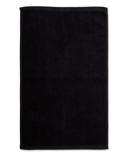 A black hand towel made from double-sided terry, measuring 40x60 cm. Features a logo on the fabric.