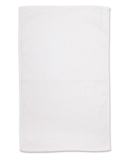 A white hand towel featuring double-sided terry texture, measuring 40x60 cm, with a branding logo present.