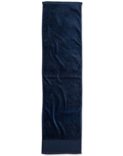 A dark blue terry velour fitness towel, measuring 110x30 cm, suitable for gym use. Features a logo on the side.