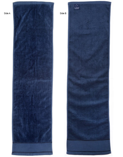 A dark navy terry velour fitness towel, measuring 110x30 cm, featuring two sides with a subtle sheen and a logo.