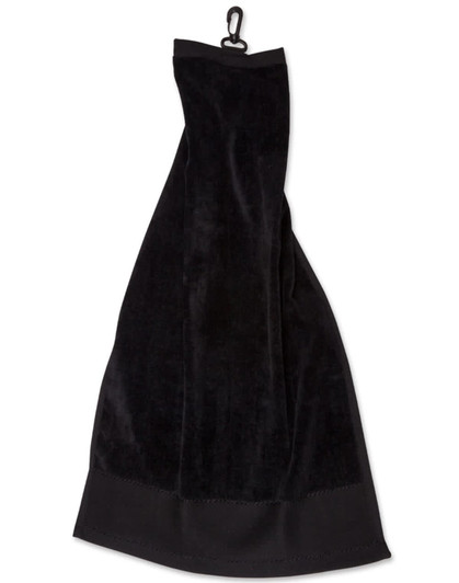 A black golf towel with a hook for easy attachment. It features a soft, plush texture.
