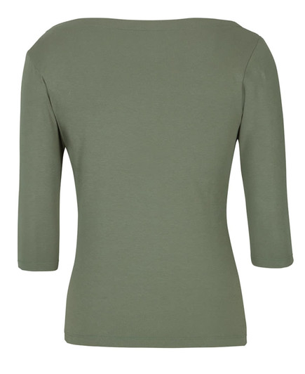 A green ladies' 3/4 sleeve boat neck tee with a fitted design and a logo.