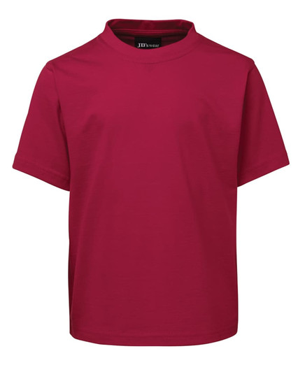 A red children's t-shirt with short sleeves and a high collar, featuring a branding logo.