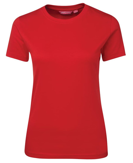 A red ladies t-shirt with short sleeves and a crew neck, featuring a logo on the label.