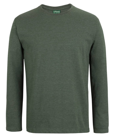 A long-sleeved t-shirt in a dark green colour, featuring a crew neck and a logo on the collar.