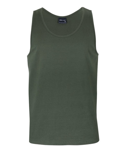 An olive green singlet featuring a simple design and a label. It has a round neckline and no sleeves.