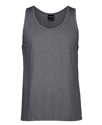 A grey singlet with a round neckline and a branding label at the neck.