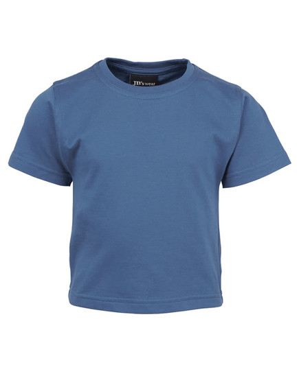 A blue infant t-shirt with short sleeves, featuring a logo inside the collar.