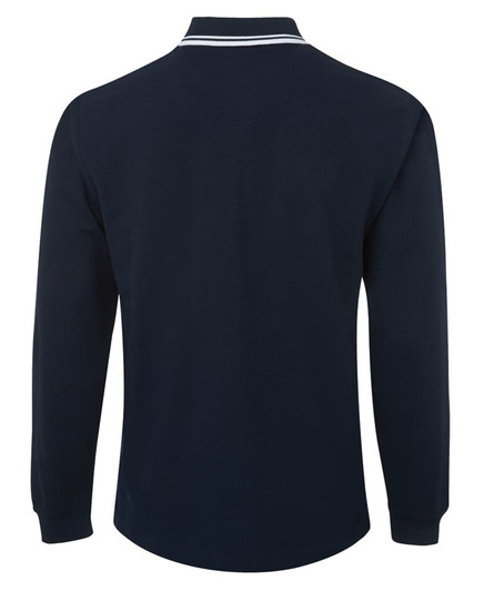 A navy long-sleeve polo shirt featuring contrasting white stripes and a logo on the front.