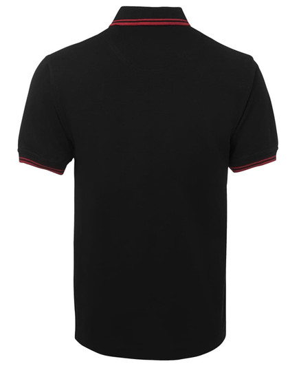 A black polo shirt with contrasting red stripes on the collar and sleeve cuffs. It features a logo.