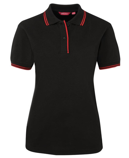 A black polo shirt with red contrast stripes on the collar and sleeves, featuring a logo.